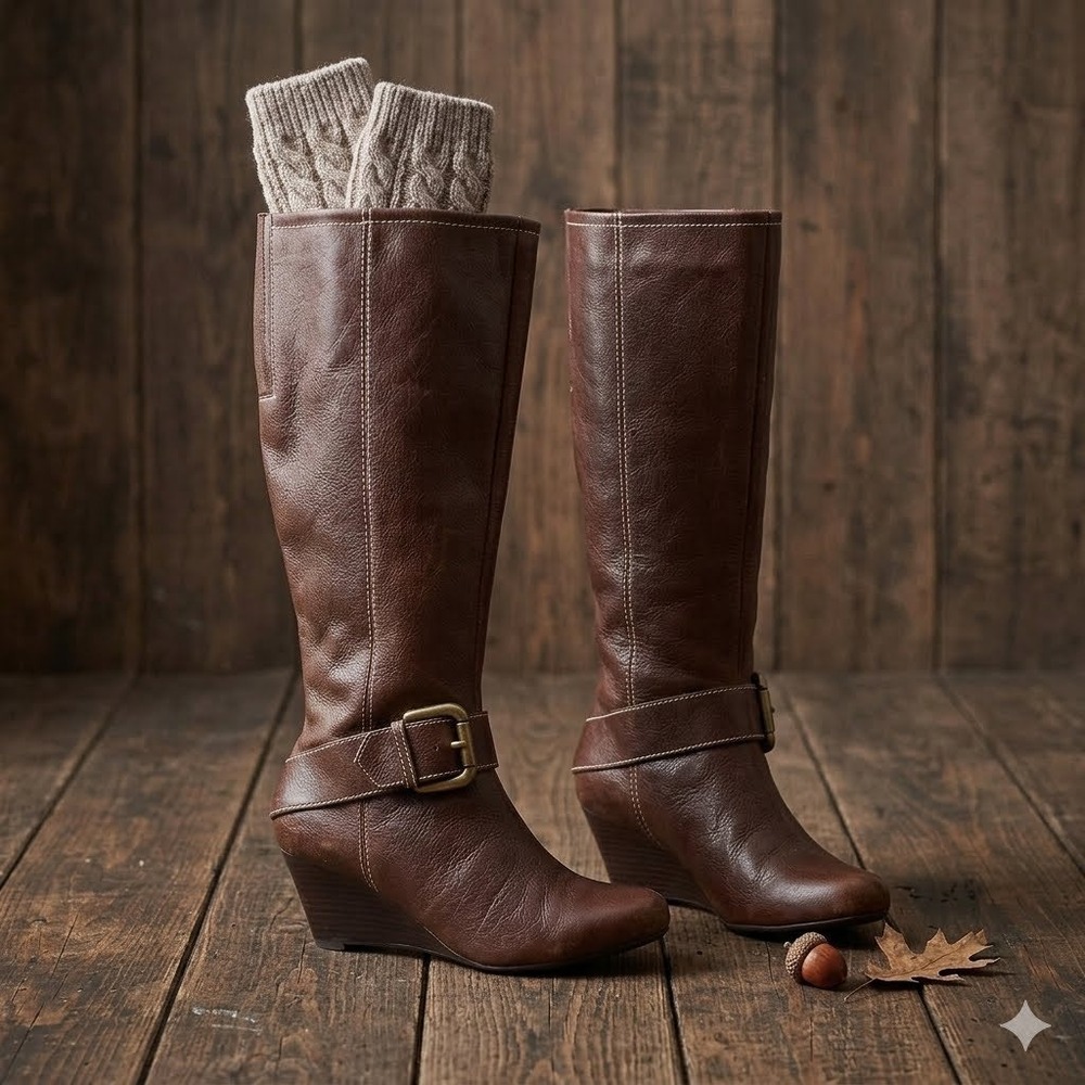 Vintage Fossil Womens Brown Leather Knee High Wedge Boots Buckle Detail Size 9